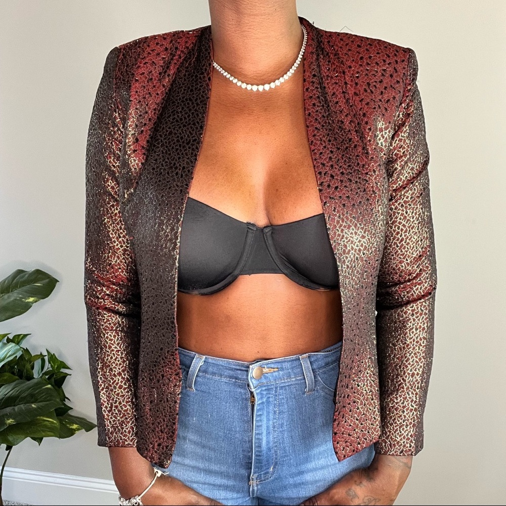 Vintage Burgundy Black & Gold Silk Open Front Blazer Jacket Women's | Size: S